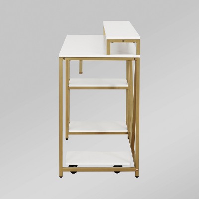 Modern Industrial Gold and Wood Writing Desk with Elevated Shelves