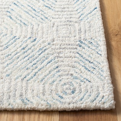 Ivory and Light Blue Round Abstract Handmade Wool Rug