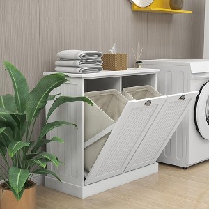 Double Tilt Out Laundry Sorter Cabinet,Freestanding Trash Cabinet with Countertop, Bathroom Storage Cabinet with 2 Removable Bags for Home Kitchen - 1 of 4