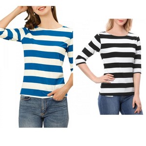 Allegra K Women's Casual Basic Elbow Sleeves Boat Neck Slim Fit T-Shirts 2 Packs - 1 of 4
