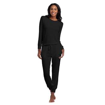 Softies Solid Marshmallow Reverse Seam Crew Neck Lounge Set with Bracelet  Sleeve, Black, Small at  Women's Clothing store