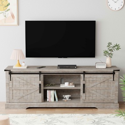 SinCiDo TV Stand for 75 Inch TV with Sliding Barn Door, Farmhouse Entertainment Center Rustic Wood Media Console Cabinet