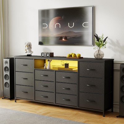 12-Drawer Dresser with Charging Station & LED Lights, Fabric Chest of Drawers with Sturdy Metal Frame, For Bedroom, Closet, Entryway