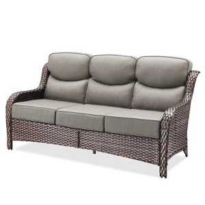 POCASSY 6" Thick Cushion High Back Outdoor Wicker Patio Sofa, All Weather Wicker Furniture 3-Seater Sofa Patio Couch for Porch - 1 of 4