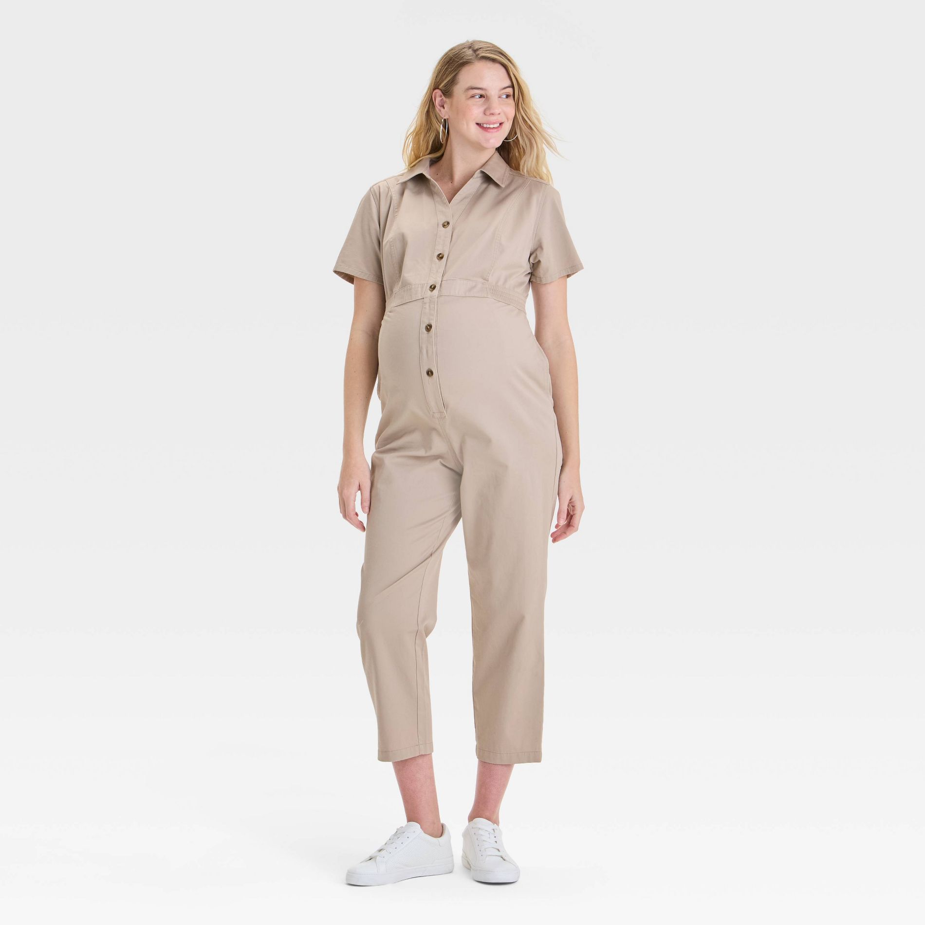Short Sleeve Utility Maternity Jumpsuit - Isabel Maternity by Ingrid & Isabel™ Beige L: Collared