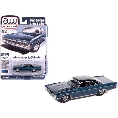 1970 Plymouth Sport Fury GT Jamaican Blue Metallic with Black Top 1/64 Diecast Model Cars by Auto World