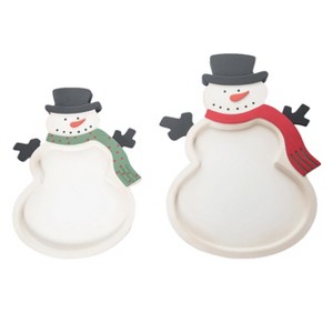 Transpac Wood 15.75 in. White Christmas Snowman Shaped Serving Tray Set of 2 - 1 of 4