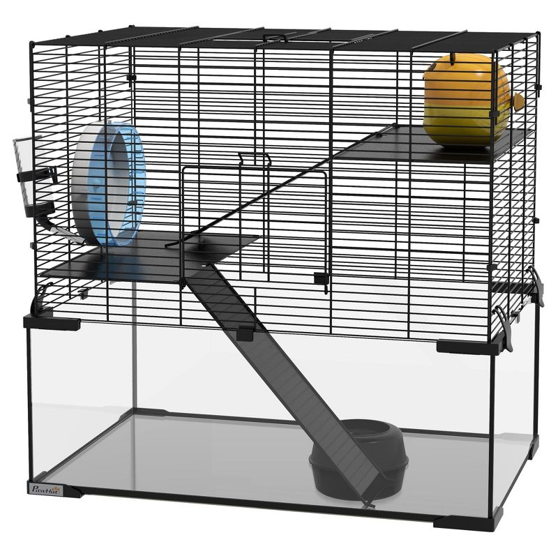 PawHut Hamster Cage, Mouse Cage with Glass Basin, Ramps, Platforms, Hut, Exercise Wheel, Black, 4 of 7