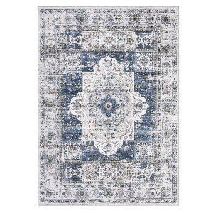 Washable Vintage Rug Non Slip Low Pile Rug Soft Retro Medallion Distressed Throw Floor Cover Foldable Indoor Carpet for Living Room Bedroom Playroom - 1 of 4
