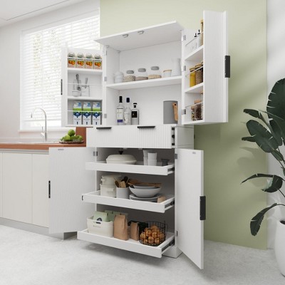 Chic Crate-72In Bathroom Storage Cabinets – 3 Keyboard Drawers & 6 Adj. Shelves | Freestanding Multi-Use | Bathroom, Dining, Office | White