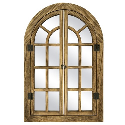 Beautyolove 20 in. W x 30 in. H Farmhouse Arched Brown Wood Framed Windowpane Wall Mirror