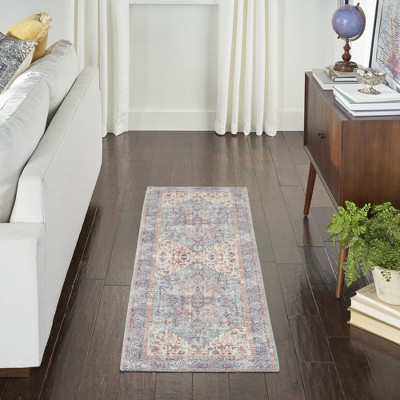 Machine Washable Blue and Multicolor Floral Runner Rug