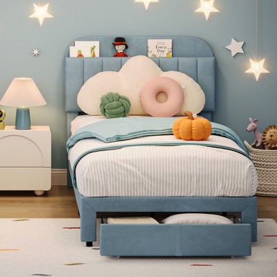 Garvee Twin Bed Frame with Drawer, Velvet Upholstered Platform Bed Frame with Storage Headboard, No Box Spring Needed, Easy Assembly
