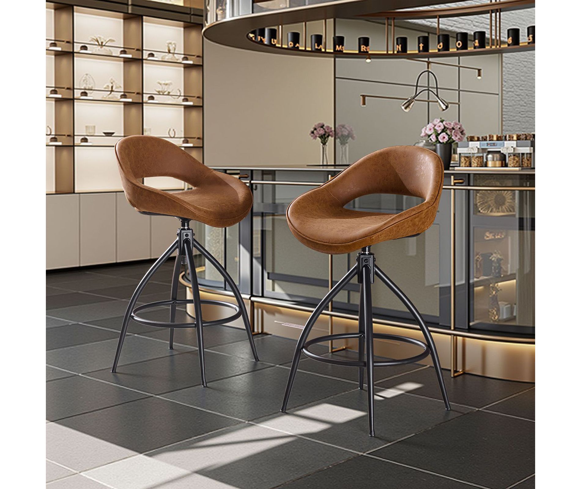 Karl Home 2 Piece Set of Brown Swivel Bar Stools with Hollow - out Backrest, PU Upholstery & Powder