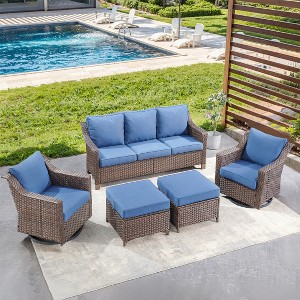 Belord 4 Pieces Rattan Patio Furniture Set, Patio Sofa Set with Patio Swivel Chair and Ottoman, Brown Wicker Furniture Ideas for Porch Deck - 1 of 4