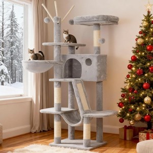 53 inch Cat Tower for Indoor Cats, Cat House with Padded Platform Bed, Toy Balls, Large Cozy Condo - 1 of 4