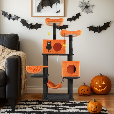 FURNIinspire Pet Tower Halloween Tall Cat Tree Cute Large Cat Tower Stand Multi-Level Cat Activities Furniture Indoor, Orange, 23.23"*17.27"*60.45"