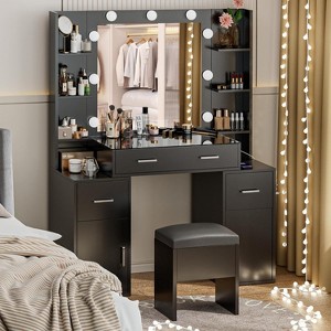 Vanity Desk with Lights, Glass Top, Charging Station, Mirror, Nightstand, Set with Storage Bench, 3 Lighting Modes, White - 1 of 4