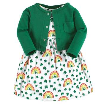 Hudson Baby Infant and Toddler Girl Cotton Dress and Cardigan Set, St Patricks Rainbow