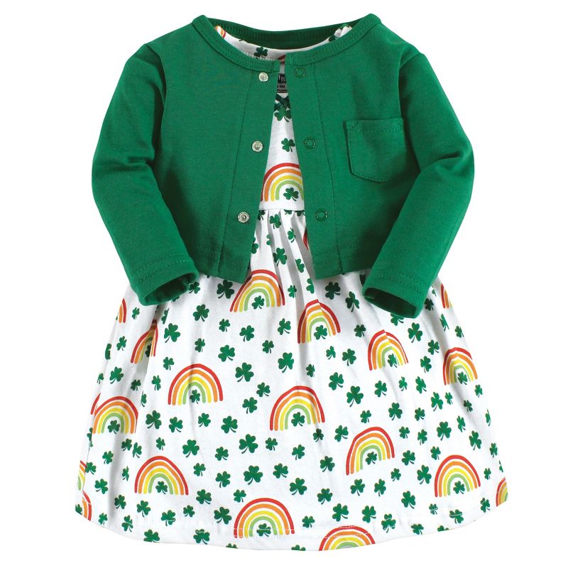 Hudson Baby Infant and Toddler Girl Cotton Dress and Cardigan Set, St Patricks Rainbow, 1 of 6