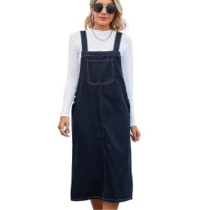 Women Summer Fall Denim Suspender Mini Dress Square Neck Sleeveless Pocket Casual Split Dress - 1 of 4