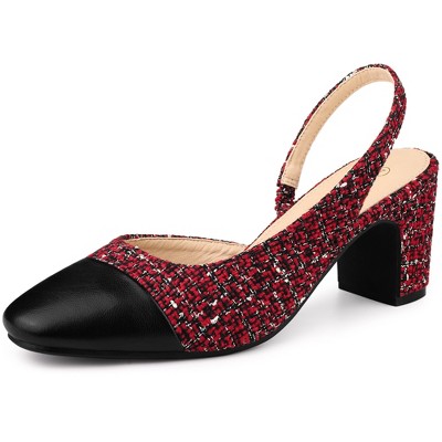 Allegra K Women's Plaid Cap Toe Slingback Chunky Heel Pumps