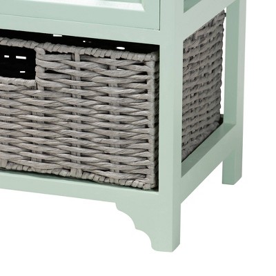 Mint Green and Oak Brown 3-Drawer Storage Unit with Wicker Baskets