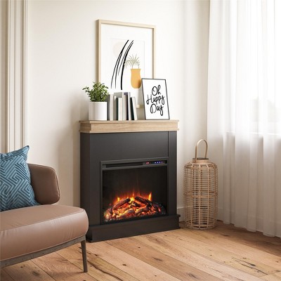 Mateo Black Electric Fireplace with Natural Wood Mantel