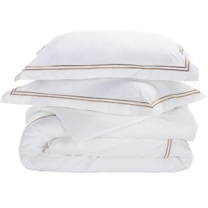 Hotel Collection 300TC Percale 3-Piece Duvet Cover Set, 2-Line Embroidered, Full/Queen - DVT1001 - Golden Taupe/White - Safavieh - 1 of 4