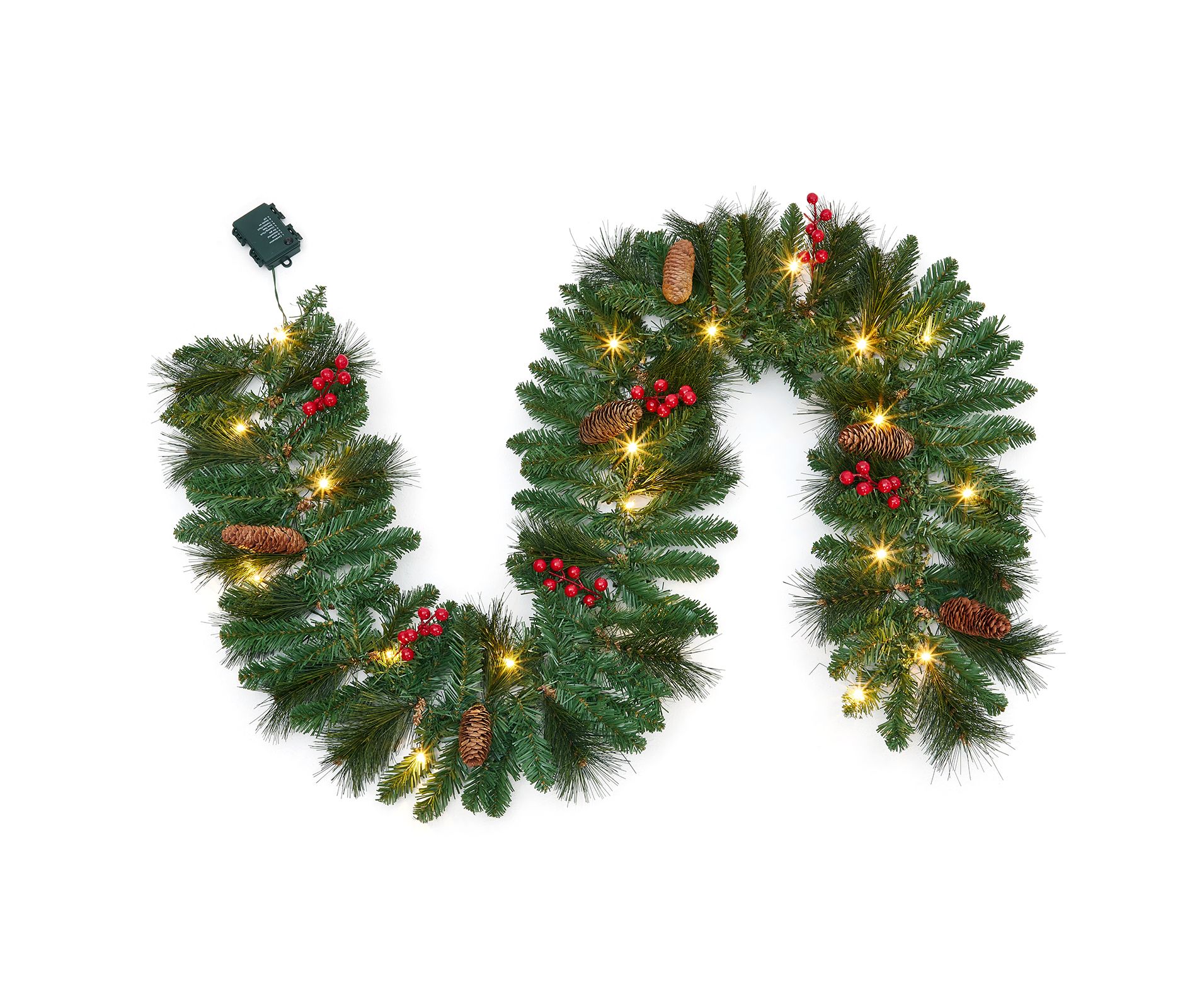 Pre-Lit Christmas Garland, Artificial Pine Garland with Pine Cones & Red Berries, Battery Operated 20 LED Lights Christmas Decorations for Front Door