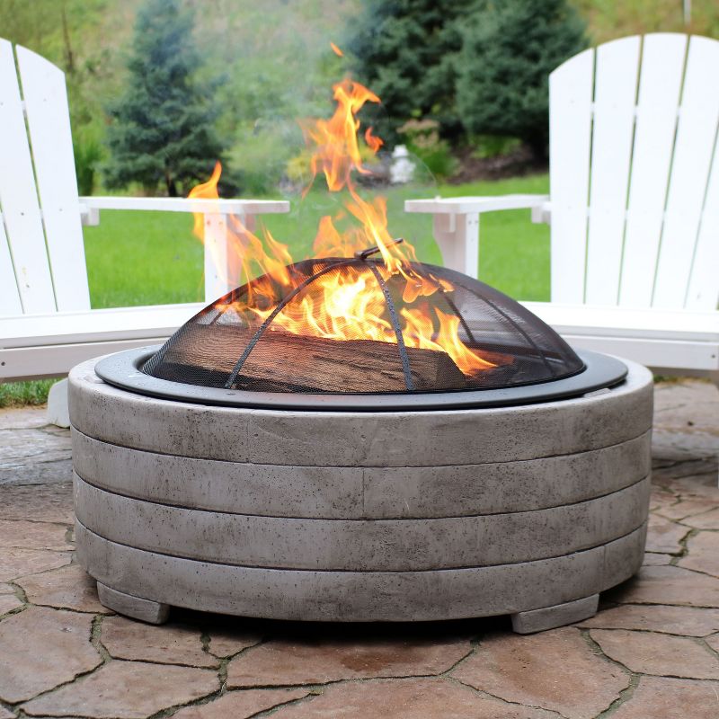 Sunnydaze Outdoor Large Round Faux Stone Fire Pit with Handles, Log Poker, and Spark Screen - 35" - Gray, 3 of 9