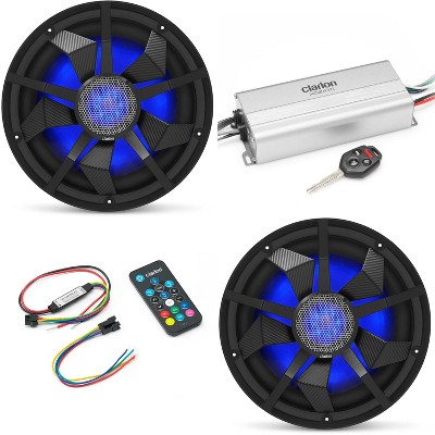 Clarion Marine 4 Channel Amp & (2) 12" Black Grill Boat Audio Upgrade Bundle ( Includes LED Remote )