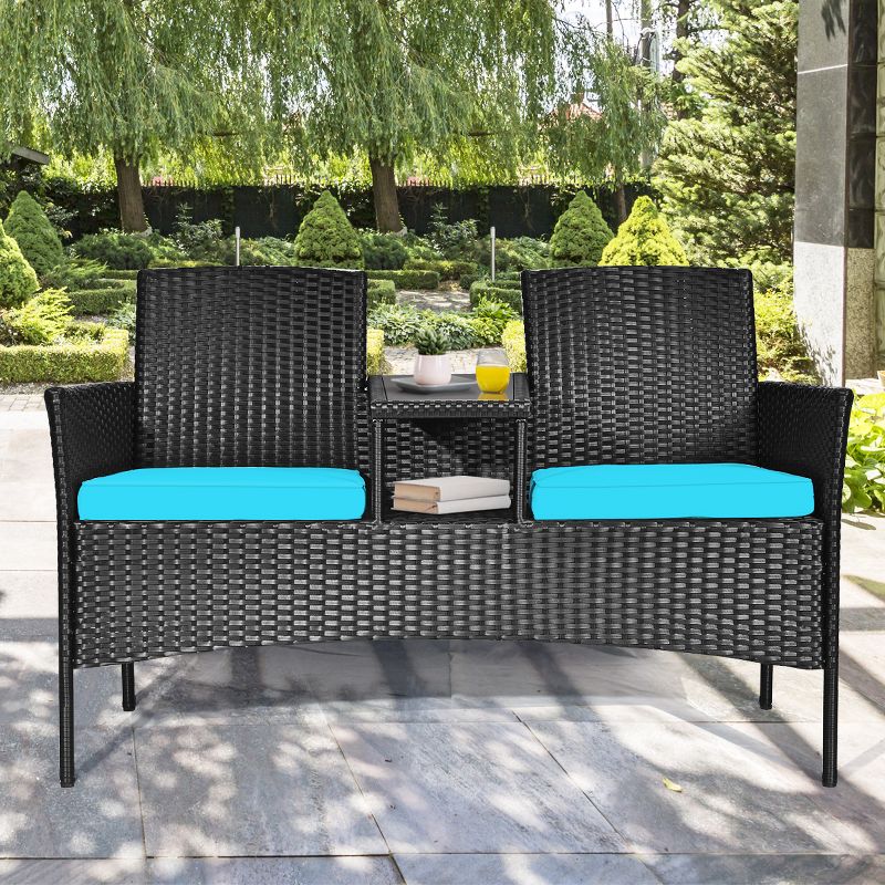 Tangkula Outdoor Rattan Furniture Wicker Patio Conversation Chair W/Cushions Turquoise, 3 of 8