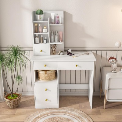 INFURNIC Vanity Tables 5 Drawer Dressing Table with Hidden Mirror and Storage Organizer for Bedrooms, White, 31.5"*14.96"*49.21"