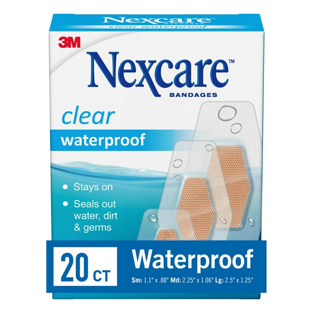 Nexcare Waterproof Bandages, Clear, Assorted 20 ct
