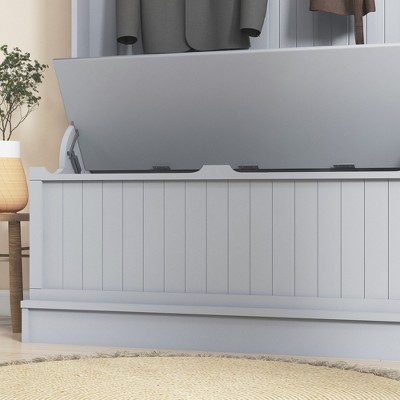 Gray Engineered Wood Hall Tree with Storage Bench and Metal Hooks