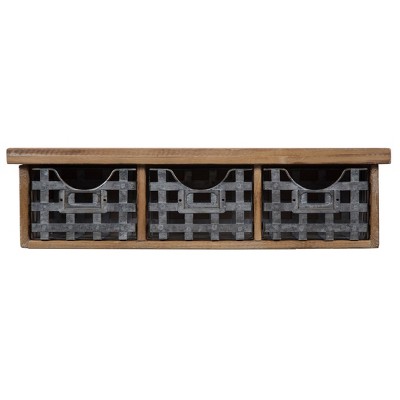 21.1" x 5.7" Reclaimed Wood Wall Organizer with 3 Metal Basket Bins Brown - Gallery Solutions