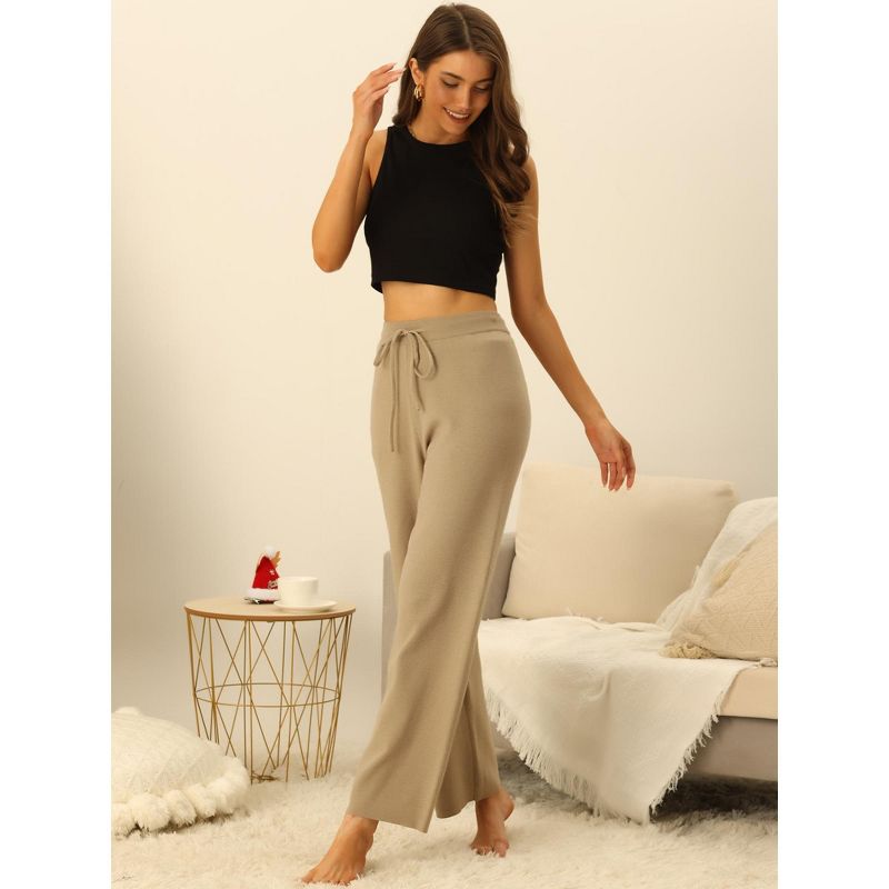 Seta T Women's Casual Ribbed Knit Elastic High Waist Tie Front Wide Leg Pants, 3 of 6