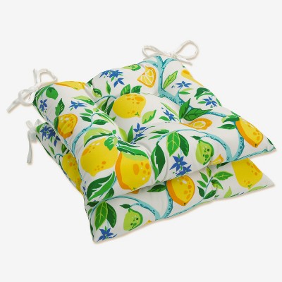 2pc 19" x 19" Outdoor/Indoor Wrought Iron Seat Cushion Lemon Tree Yellow - Pillow Perfect: Reversible, Weather & Fade-Resistant