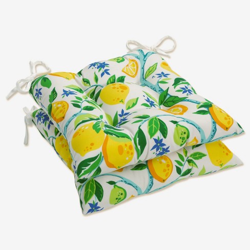 2pc 19 x 19 Outdoor Indoor Wrought Iron Seat Cushion Lemon Tree Yellow Pillow Perfect Reversible Weather Fade Resistant