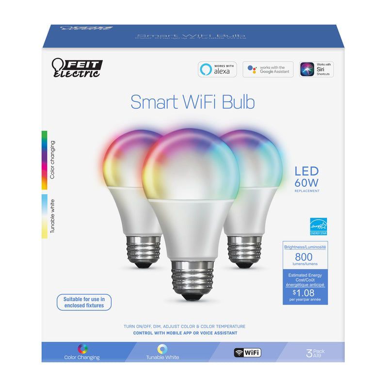Feit Electric A19 E26 (Medium) LED Smart WiFi Bulb Color Changing 60 Watt Equivalence 3 pk, 1 of 4