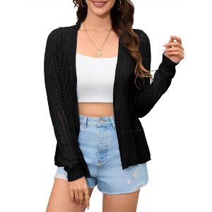 Women Hollow Out Cardigan Sweater Crochet Knit Shrugs Long Sleeves with Ruffled Hem - 1 of 4