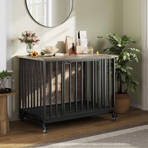39" Dog Crate Furniture, Chew-Resistant Dog Kennel with Removable Tray, Large Pet House with Lockable Wheels, Decorative Side End Table for Dogs - 1 of 4