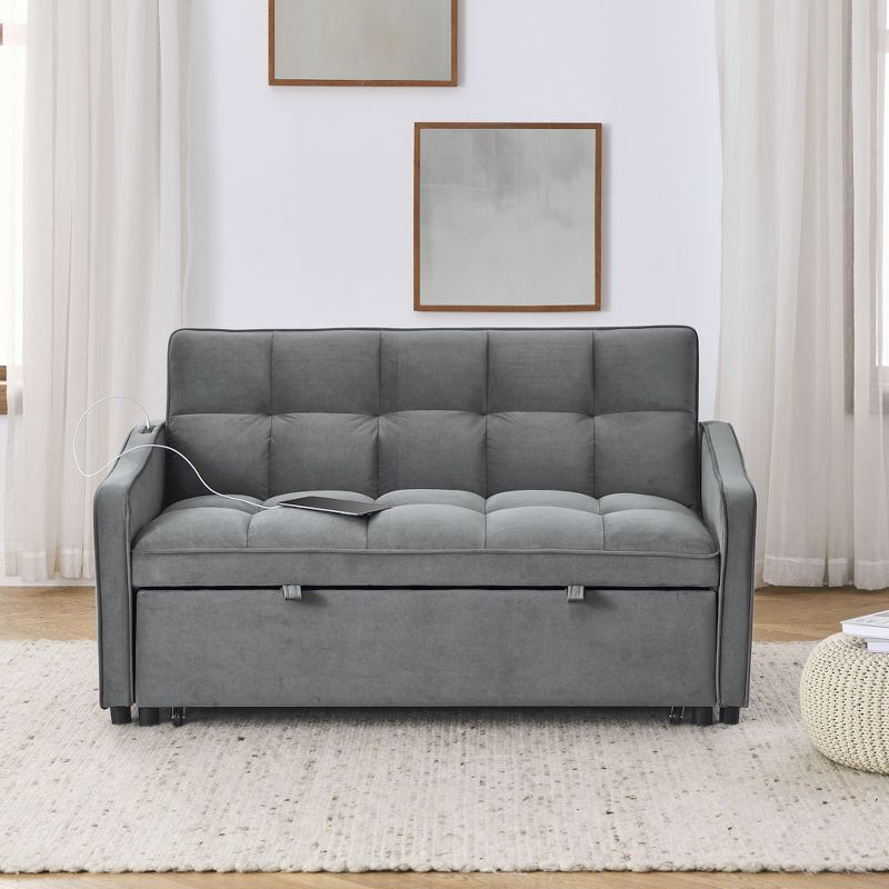 53" Pull-Out Sleeper Sofa Bed With TypeC and USB Charging, Upholstered Loveseats Sofa with Adjsutable Back and Two Arm Pocket - ModernLuxe, 1 of 15