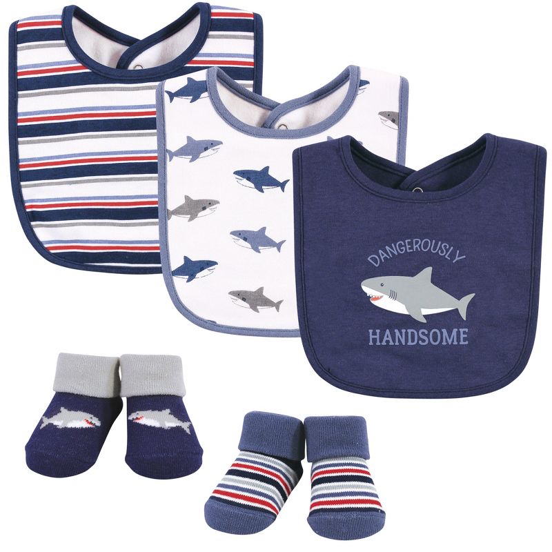 Hudson Baby Infant Boy Cotton Bib and Sock Set, Handsome Shark, One Size, 1 of 8