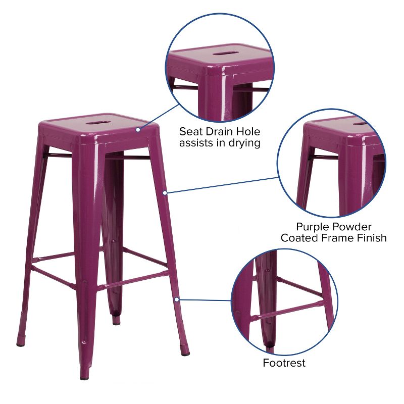 Flash Furniture Commercial Grade 30" High Backless Metal Indoor-Outdoor Barstool with Square Seat, 4 of 21