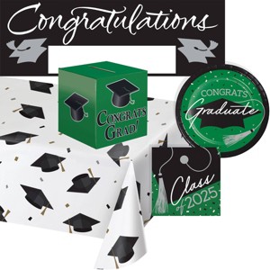 Creative Converting 2025 Graduate School Spirit Emerald Green Tableware and Decor Kit 18ct - 1 of 4