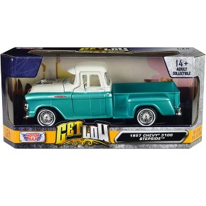 1957 Chevrolet 3100 Stepside Pickup Truck Lowrider Turquoise Met & White with White Interior 1/24 Diecast Model Car by Motormax - 1 of 3