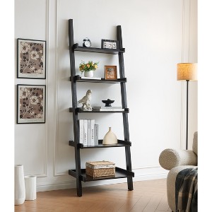 Vynxaria Bookcase ladder five shelf popular modern design multi-depth shelves with rounded shelf barrier corners - 1 of 4