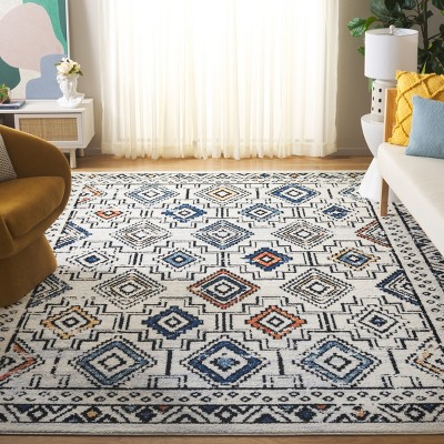 Ivory and Blue Oriental Round Stain-Resistant Area Rug